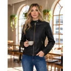 Jaqueta Feminina Slim Couro Pu Detalhe Dourado Blusa De Frio